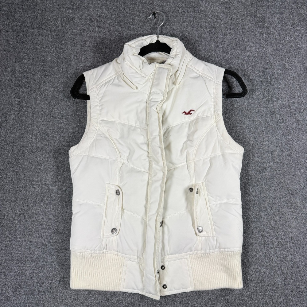 Hollister Womens Medium White Puffer Vest Goose Down Faux Fur Plaid Y2K Chic